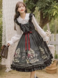 Gothic Ruffles Bows Floral Print Black Lolita Dresses -Kawaii Fashion Shop 20220606133942729404