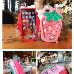 Kawaii Liquid Strawberry IPhone Case -Kawaii Fashion Shop 3D Strawberry Pineapple Shining Star Dynamic Liquid Decompression Silicone cover for iphone 11Pro MAX XS XR 5