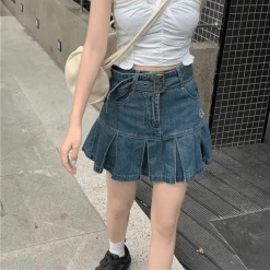Korean Retro Belt Pleated Denim Skirt -Kawaii Fashion Shop 3XL Women Denim Mini Skirt 2021 Summer Casual Blue High Waiste Harajuku Y2k Pleated Skirt Japanese 2