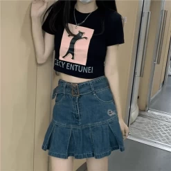 Korean Retro Belt Pleated Denim Skirt -Kawaii Fashion Shop 3XL Women Denim Mini Skirt 2021 Summer Casual Blue High Waiste Harajuku Y2k Pleated Skirt Japanese 3