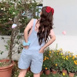 Kawaii Peach Embroidery Overall Shorts -Kawaii Fashion Shop 4 Colors Playsuits Women Solid Summer Straight Peach Embroidery All match Korean Style Female Kawaii Casual 3