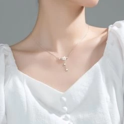 Sweet Sakura Silver Necklace -Kawaii Fashion Shop 925 Sterling Silver Cherry Flower Shell Long Tassel Necklace for Women Sweet Heart Pendant Clavicle Chain 1