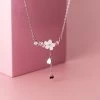 Sweet Sakura Silver Necklace -Kawaii Fashion Shop 925 Sterling Silver Cherry Flower Shell Long Tassel Necklace for Women Sweet Heart Pendant Clavicle Chain