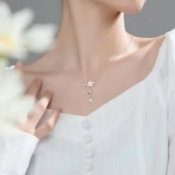 Sweet Sakura Silver Necklace -Kawaii Fashion Shop 925 Sterling Silver Cherry Flower Shell Long Tassel Necklace for Women Sweet Heart Pendant Clavicle Chain 2