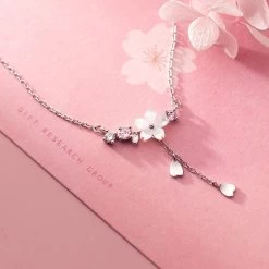 Sweet Sakura Silver Necklace -Kawaii Fashion Shop 925 Sterling Silver Cherry Flower Shell Long Tassel Necklace for Women Sweet Heart Pendant Clavicle Chain 3