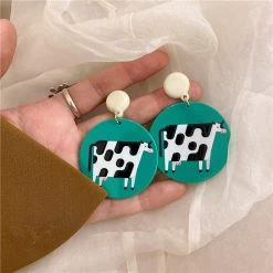 Cute Simple Milk Cow Earrings -Kawaii Fashion Shop AOMU Cute Simple Red Blue Transparent Acrylic Horse Cow Round Earrings Irregular Stitching Animal Drop Earrings 3