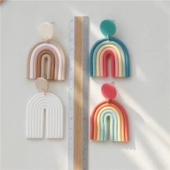 Kawaii Rainbow Earrings -Kawaii Fashion Shop AOMU Ethnic Boho Gradient Ceramic Clay Rainbow Color Arched Colorful Line Handmade Long Dangle Earrings for 5