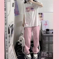 Korean Style High-waisted Straight Leg Jeans 11 Korean Style High-waisted Straight Leg Jeans -Kawaii Fashion Shop All match fashion kawaii denim pink loose wide leg women s jeans high waist heart chain 2