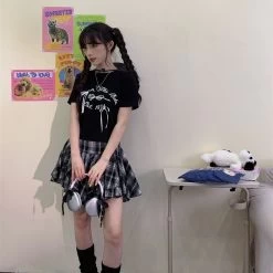 American College Style Irregular Black White Plaid Short Skirt -Kawaii Fashion Shop American College Style Irregular Black White Plaid Short Skirt 6