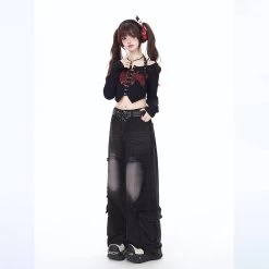 American Girly Style Loving Heart Embroidery Straight Jeans -Kawaii Fashion Shop American Girly Style Loving Heart Embroidery Straight Jeans 5