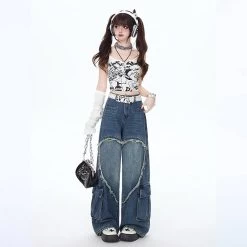 American Girly Style Loving Heart Embroidery Straight Jeans -Kawaii Fashion Shop American Girly Style Loving Heart Embroidery Straight Jeans 6