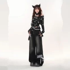 American Retro Black Lace Wide-leg Jeans -Kawaii Fashion Shop American Retro Black Lace Wide leg Jeans 1