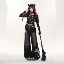 American Retro Black Lace Wide-leg Jeans -Kawaii Fashion Shop American Retro Black Lace Wide leg Jeans 4