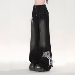 American Retro Black Lace Wide-leg Jeans -Kawaii Fashion Shop American Retro Black Lace Wide leg Jeans 6