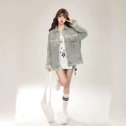 American Retro Blue Denim Jacket -Kawaii Fashion Shop American Retro Blue Denim Jacket 11