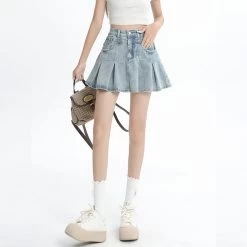 American Retro Light Blue High Waist Denim Pleated Skirt 16 American Retro Light Blue High Waist Denim Pleated Skirt -Kawaii Fashion Shop American Retro Light Blue High Waist Denim Pleated Skirt 1