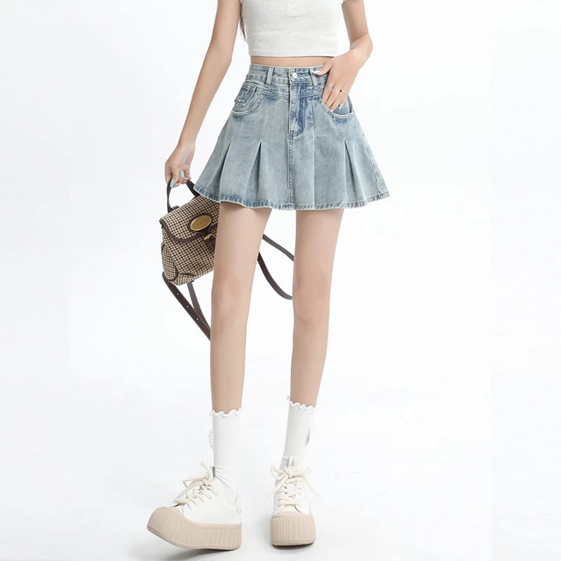 American Retro Light Blue High Waist Denim Pleated Skirt 8 American Retro Light Blue High Waist Denim Pleated Skirt - Image 6