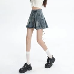 American Retro Light Blue High Waist Denim Pleated Skirt 15 American Retro Light Blue High Waist Denim Pleated Skirt -Kawaii Fashion Shop American Retro Light Blue High Waist Denim Pleated Skirt 10