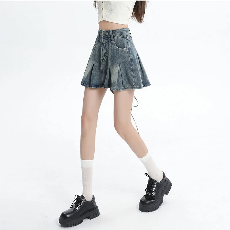 American Retro Light Blue High Waist Denim Pleated Skirt 7 American Retro Light Blue High Waist Denim Pleated Skirt - Image 5