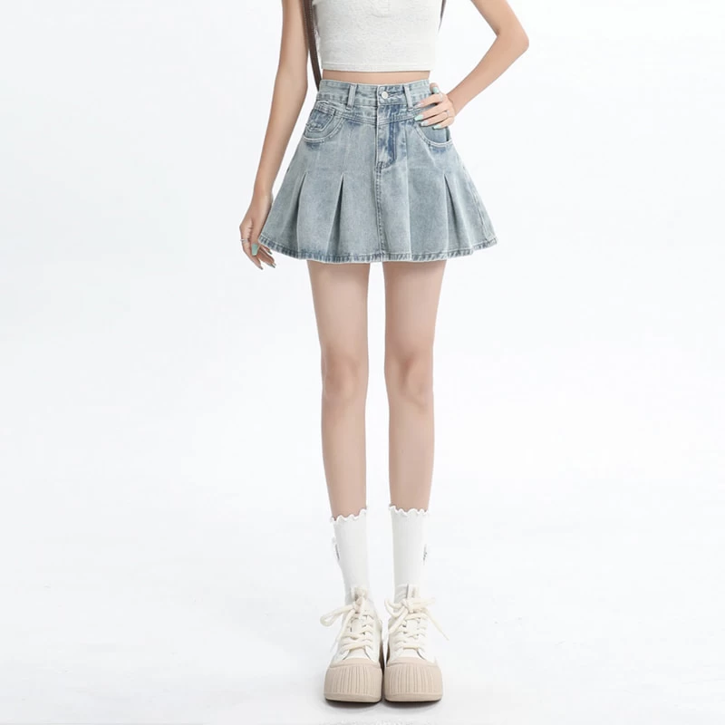 American Retro Light Blue High Waist Denim Pleated Skirt 9 American Retro Light Blue High Waist Denim Pleated Skirt - Image 7