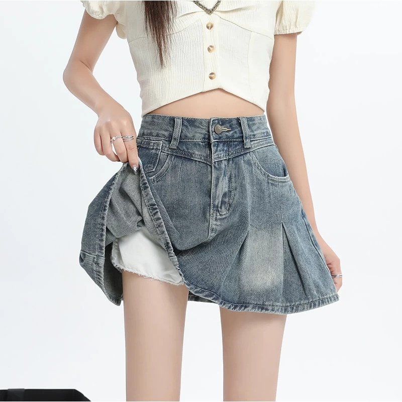 American Retro Light Blue High Waist Denim Pleated Skirt 10 American Retro Light Blue High Waist Denim Pleated Skirt - Image 8