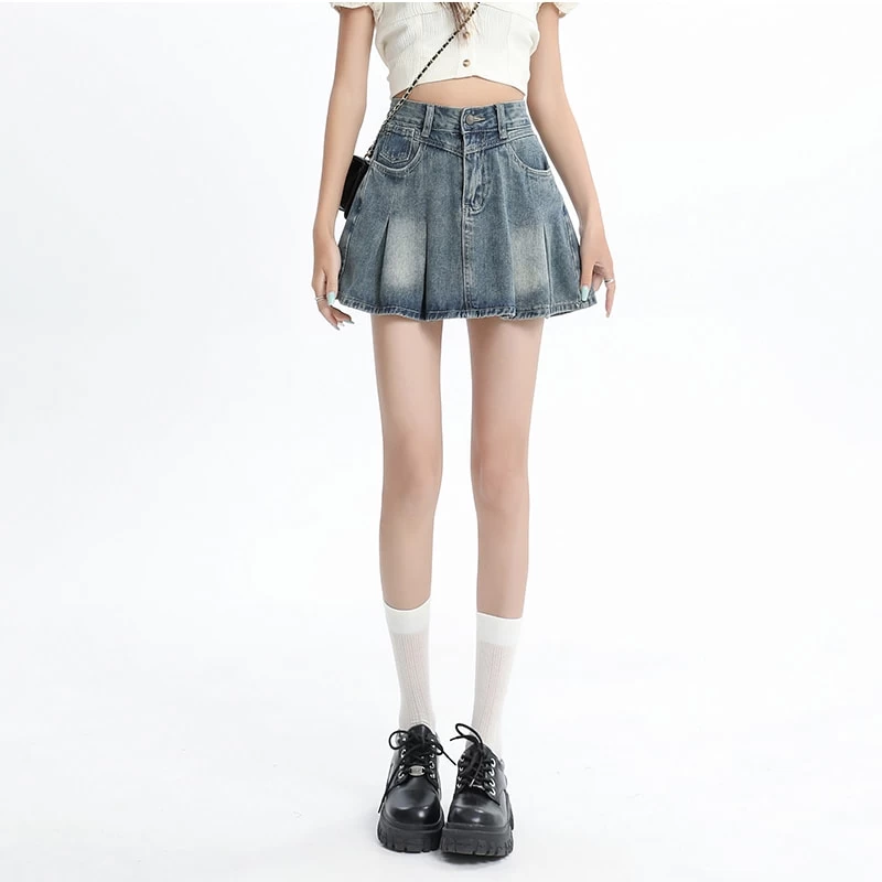 American Retro Light Blue High Waist Denim Pleated Skirt 4 American Retro Light Blue High Waist Denim Pleated Skirt - Image 2