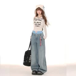 American Style Double Waist Loose Wide-Leg Jeans -Kawaii Fashion Shop American Style Double Waist Loose Wide Leg Jeans 1