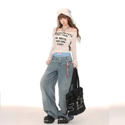 American Style Double Waist Loose Wide-Leg Jeans -Kawaii Fashion Shop American Style Double Waist Loose Wide Leg Jeans 2
