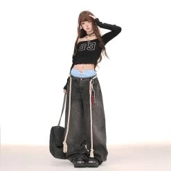 American Style Double Waist Loose Wide-Leg Jeans -Kawaii Fashion Shop American Style Double Waist Loose Wide Leg Jeans 3