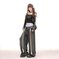 American Style Double Waist Loose Wide-Leg Jeans -Kawaii Fashion Shop American Style Double Waist Loose Wide Leg Jeans 4