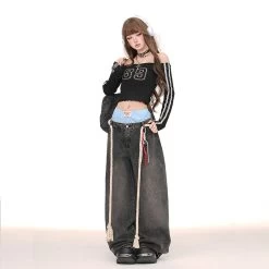 American Style Double Waist Loose Wide-Leg Jeans -Kawaii Fashion Shop American Style Double Waist Loose Wide Leg Jeans 5