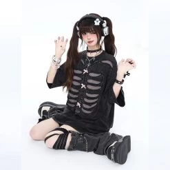 American Sweet Cool Style Black Hollow T-shirt -Kawaii Fashion Shop American Sweet And Cool Style Black Hollow T shirt 1