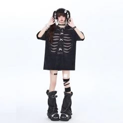 American Sweet Cool Style Black Hollow T-shirt -Kawaii Fashion Shop American Sweet And Cool Style Black Hollow T shirt 2