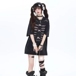 American Sweet Cool Style Black Hollow T-shirt -Kawaii Fashion Shop American Sweet And Cool Style Black Hollow T shirt 7