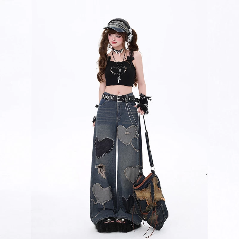 American Sweet Cool Girl Style Heart Patch High Waist Wide Leg Jeans 4 American Sweet Cool Girl Style Heart Patch High Waist Wide Leg Jeans - Image 2