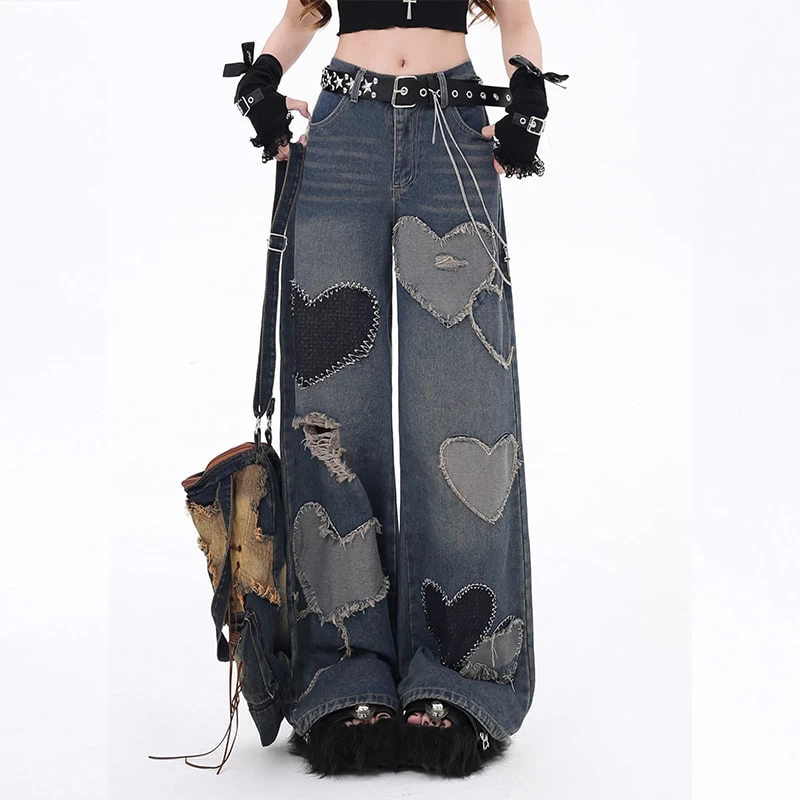 American Sweet Cool Girl Style Heart Patch High Waist Wide Leg Jeans 3 American Sweet Cool Girl Style Heart Patch High Waist Wide Leg Jeans