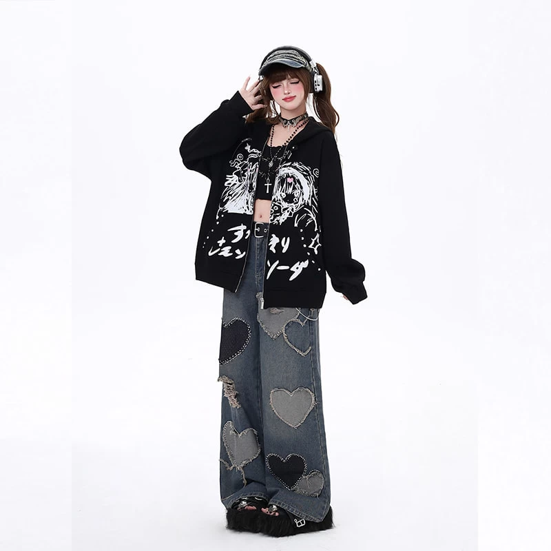 American Sweet Cool Girl Style Heart Patch High Waist Wide Leg Jeans 6 American Sweet Cool Girl Style Heart Patch High Waist Wide Leg Jeans - Image 4