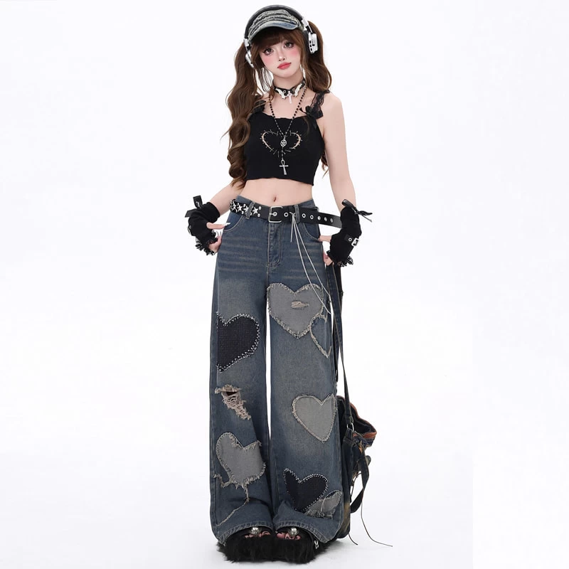 American Sweet Cool Girl Style Heart Patch High Waist Wide Leg Jeans 7 American Sweet Cool Girl Style Heart Patch High Waist Wide Leg Jeans - Image 5