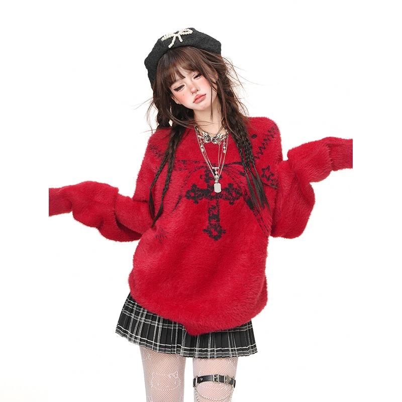 American Sweet Girl Style Cross Princess Embroidered Loose Sweater 9 American Sweet Girl Style Cross Princess Embroidered Loose Sweater - Image 7