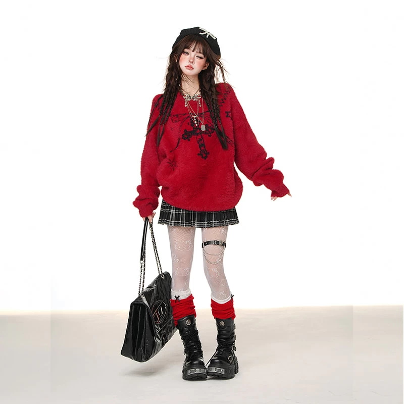 American Sweet Girl Style Cross Princess Embroidered Loose Sweater 6 American Sweet Girl Style Cross Princess Embroidered Loose Sweater - Image 4