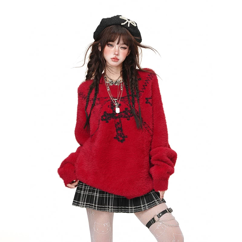 American Sweet Girl Style Cross Princess Embroidered Loose Sweater 8 American Sweet Girl Style Cross Princess Embroidered Loose Sweater - Image 6