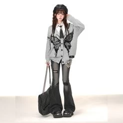 American Sweet Soft Girl Style Butterfly Embroidered Cardigan Sweater -Kawaii Fashion Shop American Sweet Soft Girl Style Butterfly Embroidered Cardigan Sweater 1