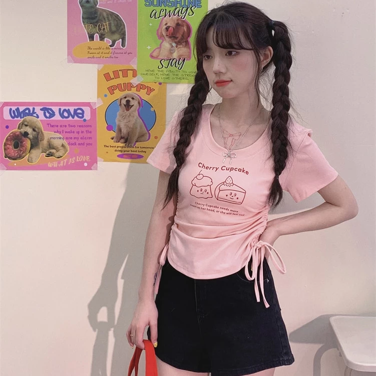 American Sweet Soft Girl Style Pink Bow Print T-shirt 4 American Sweet Soft Girl Style Pink Bow Print T-shirt - Image 2