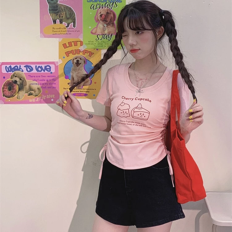 American Sweet Soft Girl Style Pink Bow Print T-shirt 5 American Sweet Soft Girl Style Pink Bow Print T-shirt - Image 3