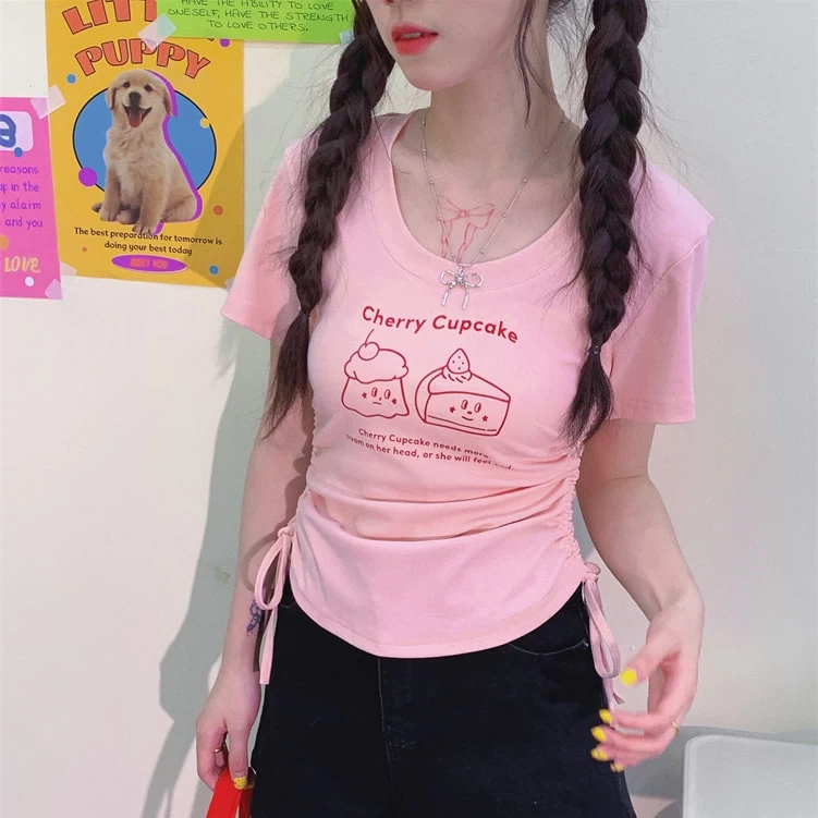 American Sweet Soft Girl Style Pink Bow Print T-shirt 6 American Sweet Soft Girl Style Pink Bow Print T-shirt - Image 4