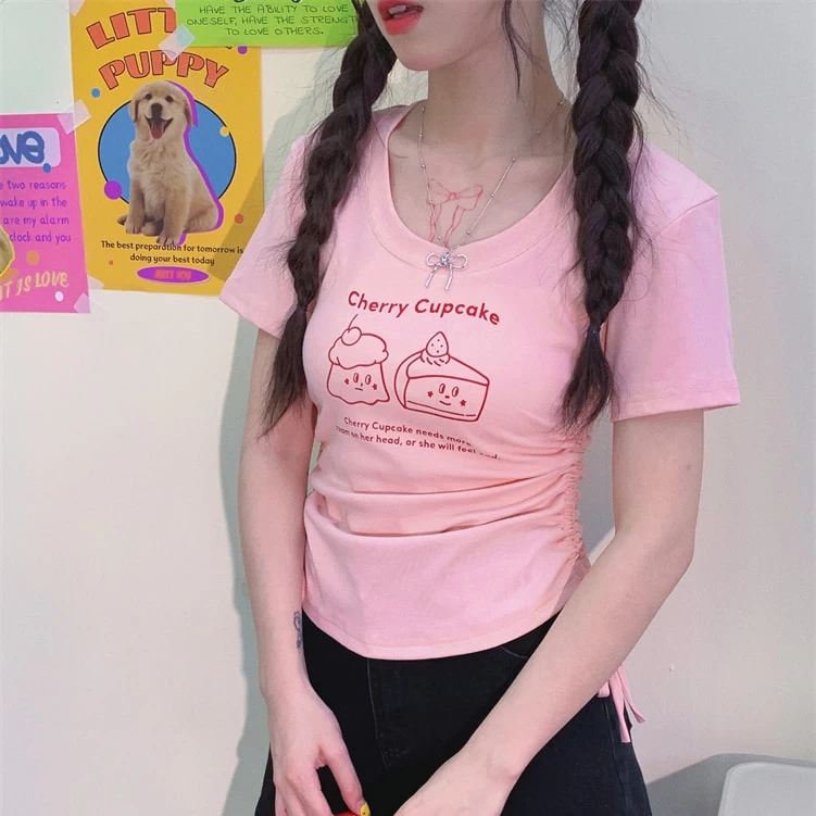 American Sweet Soft Girl Style Pink Bow Print T-shirt 7 American Sweet Soft Girl Style Pink Bow Print T-shirt - Image 5