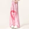 American Y2K Style Pink Love Heart Embroidered Straight Pants -Kawaii Fashion Shop American Y2K Style Pink Love Heart Embroidered Straight Pants 2