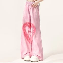American Y2K Style Pink Love Heart Embroidered Straight Pants