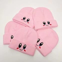 Kawaii Kirby Knitted Beanie -Kawaii Fashion Shop Anime Cartoon Cute Face Eyes Hat Cosplay Keep Warm Knitted Hat Unisex Adult Kids Cap Hip 2
