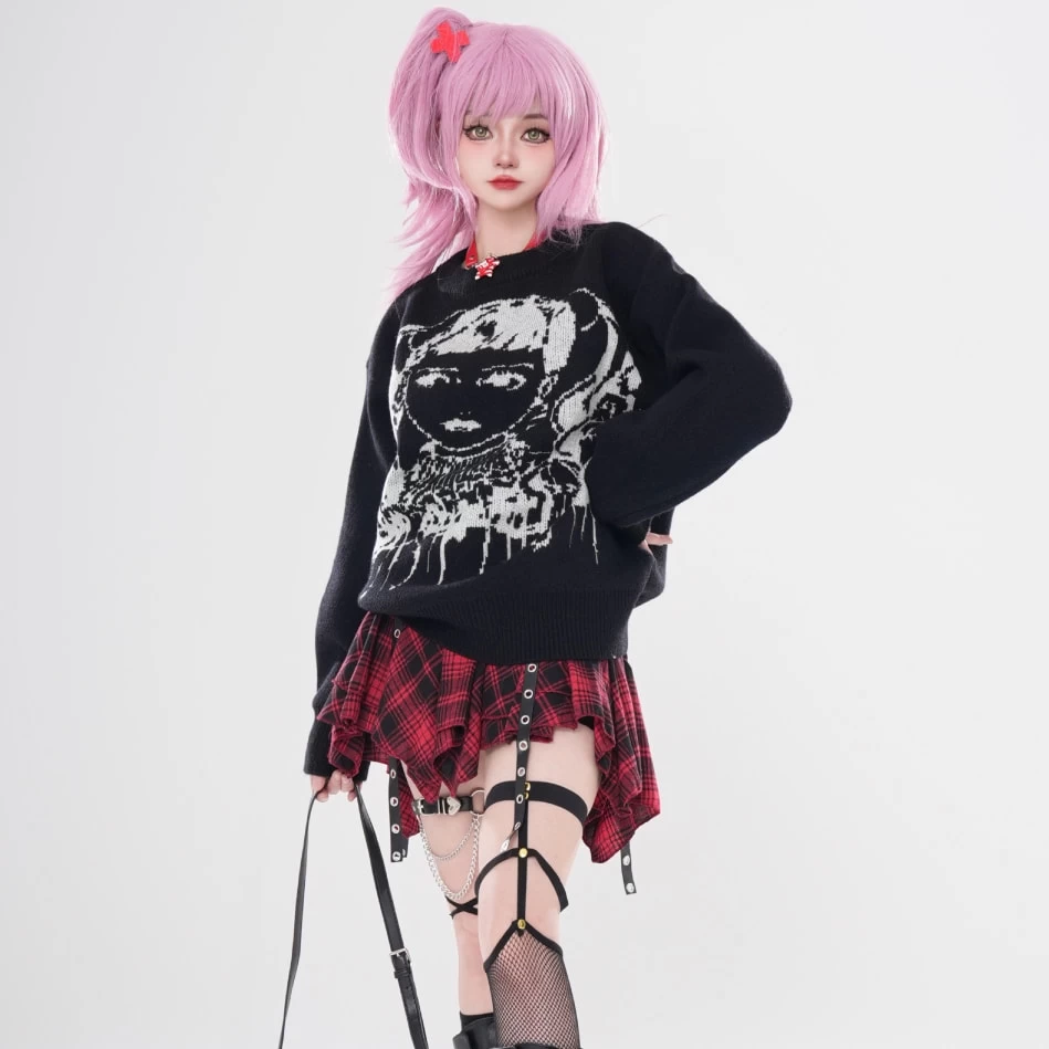 Asian Punk Style Cartoon Girl Print Loose Knit Sweater 10 Asian Punk Style Cartoon Girl Print Loose Knit Sweater - Image 8
